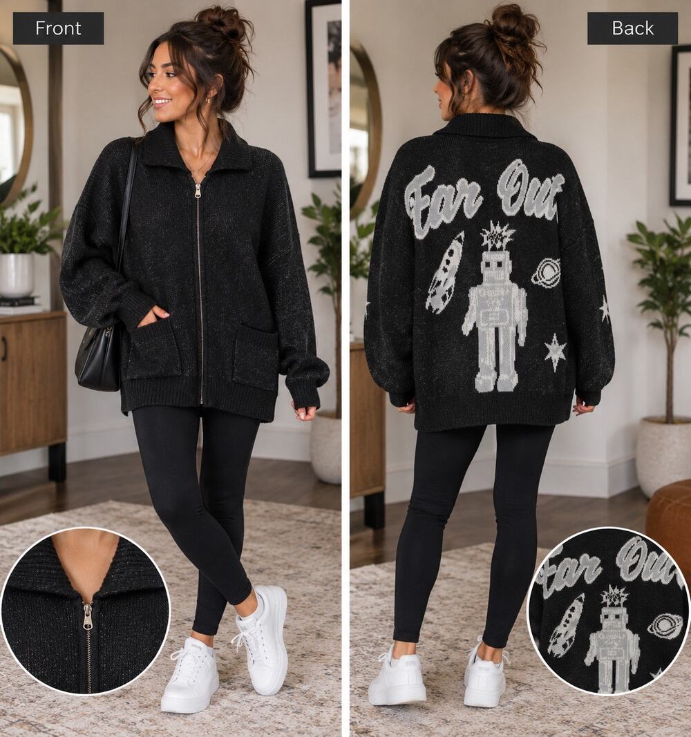 Spirit Jersey Far Out Robot Cardigan XL Black Oversized Zip Wool Blend NWT